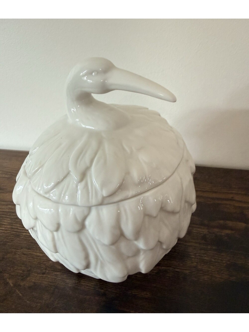 White Heron Crane Feathered Nest Canister Ceramic Imm Living Ange-line Trinket